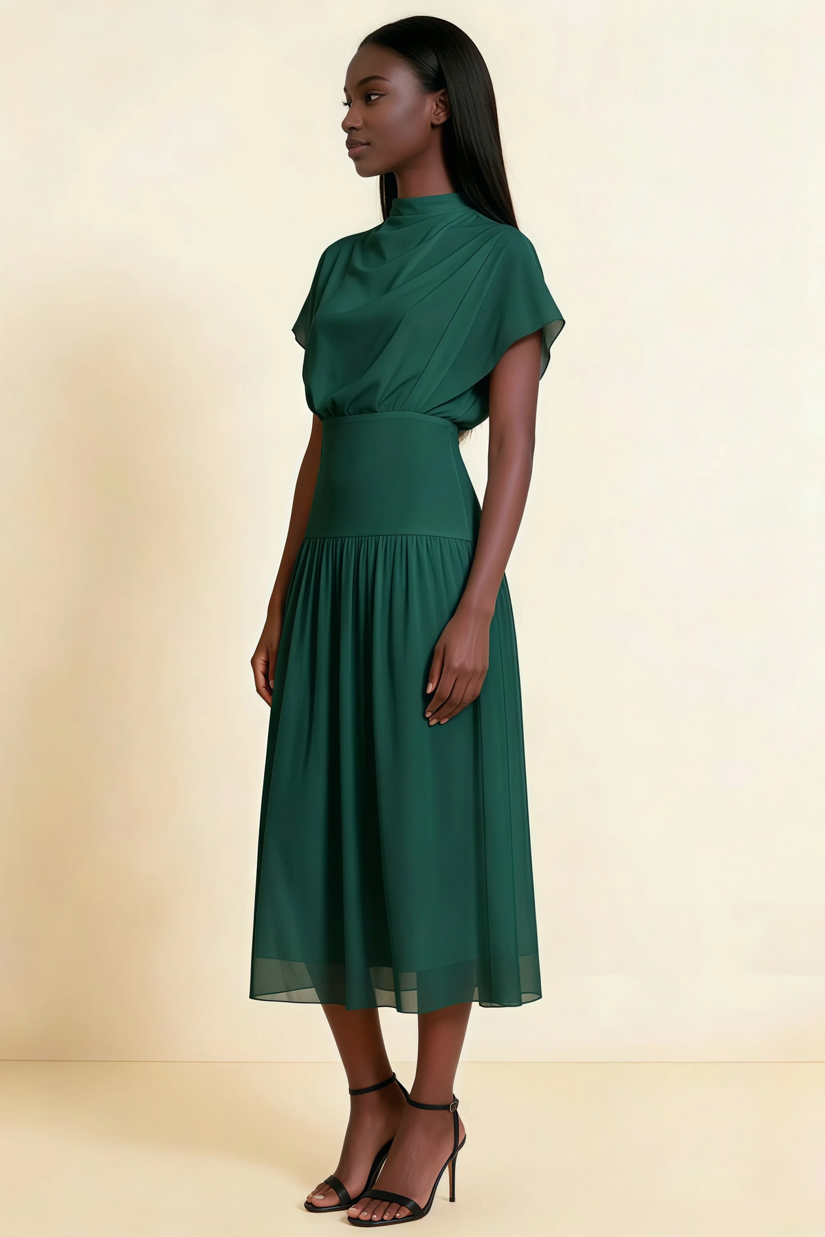 Alva Emerald Green High Neck Gathered Skirt Midi Dress