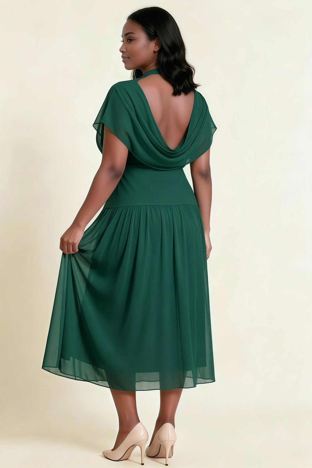 Alva Emerald Green High Neck Gathered Skirt Midi Dress