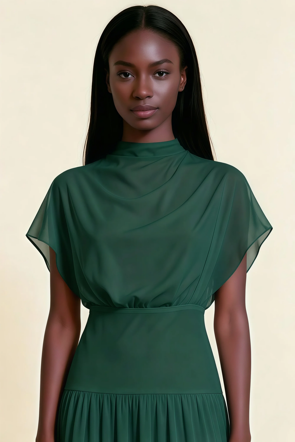 Alva Emerald Green High Neck Gathered Skirt Midi Dress