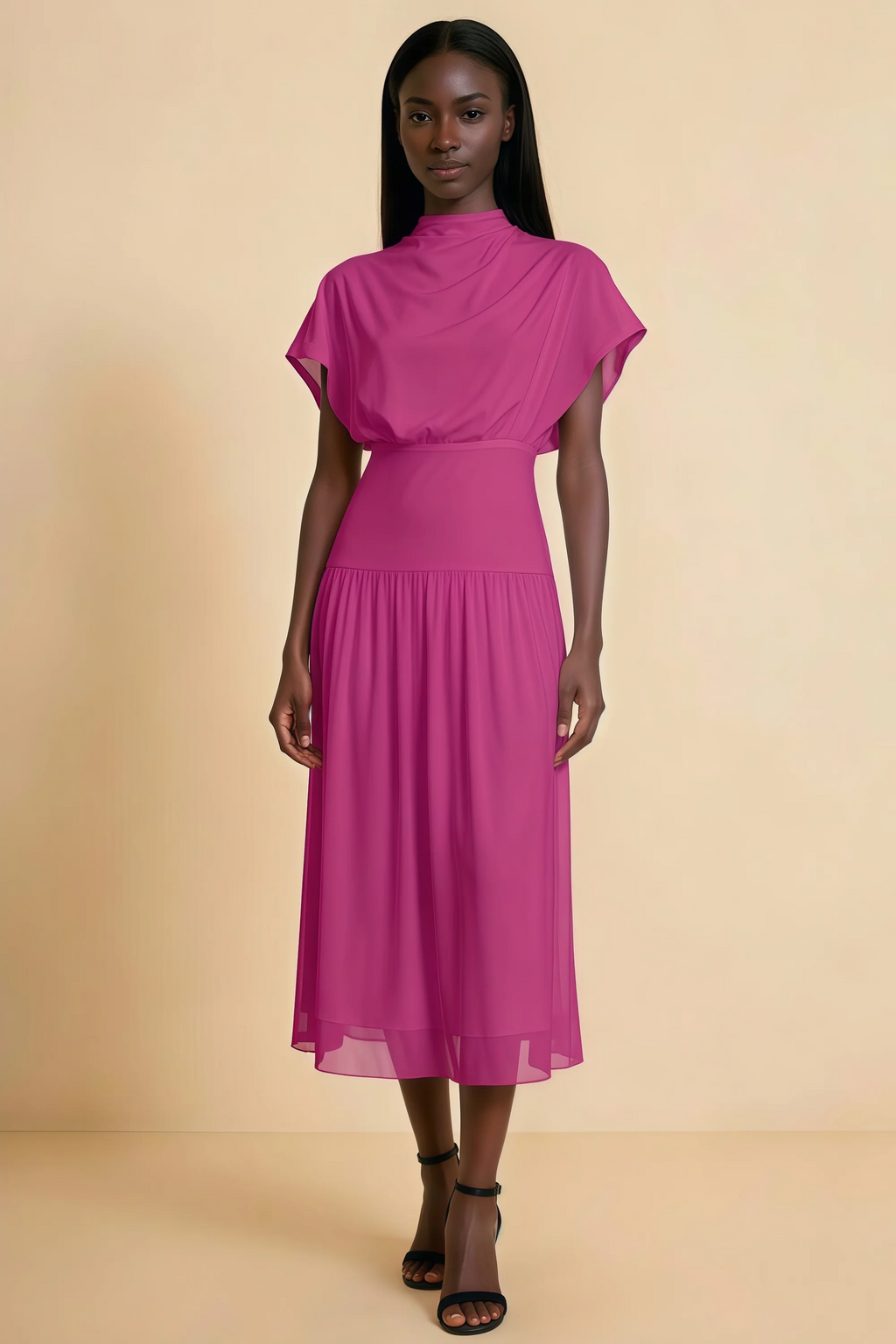 Alva Fuchsia High Neck Gathered Skirt Midi Dress