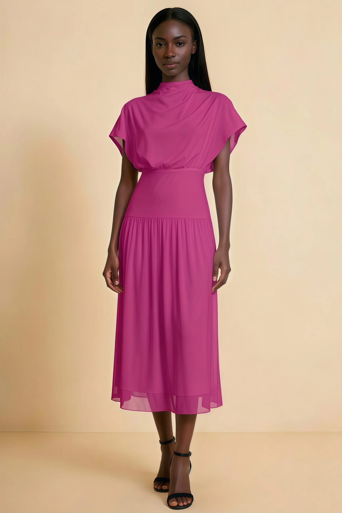 Alva Fuchsia High Neck Gathered Skirt Midi Dress