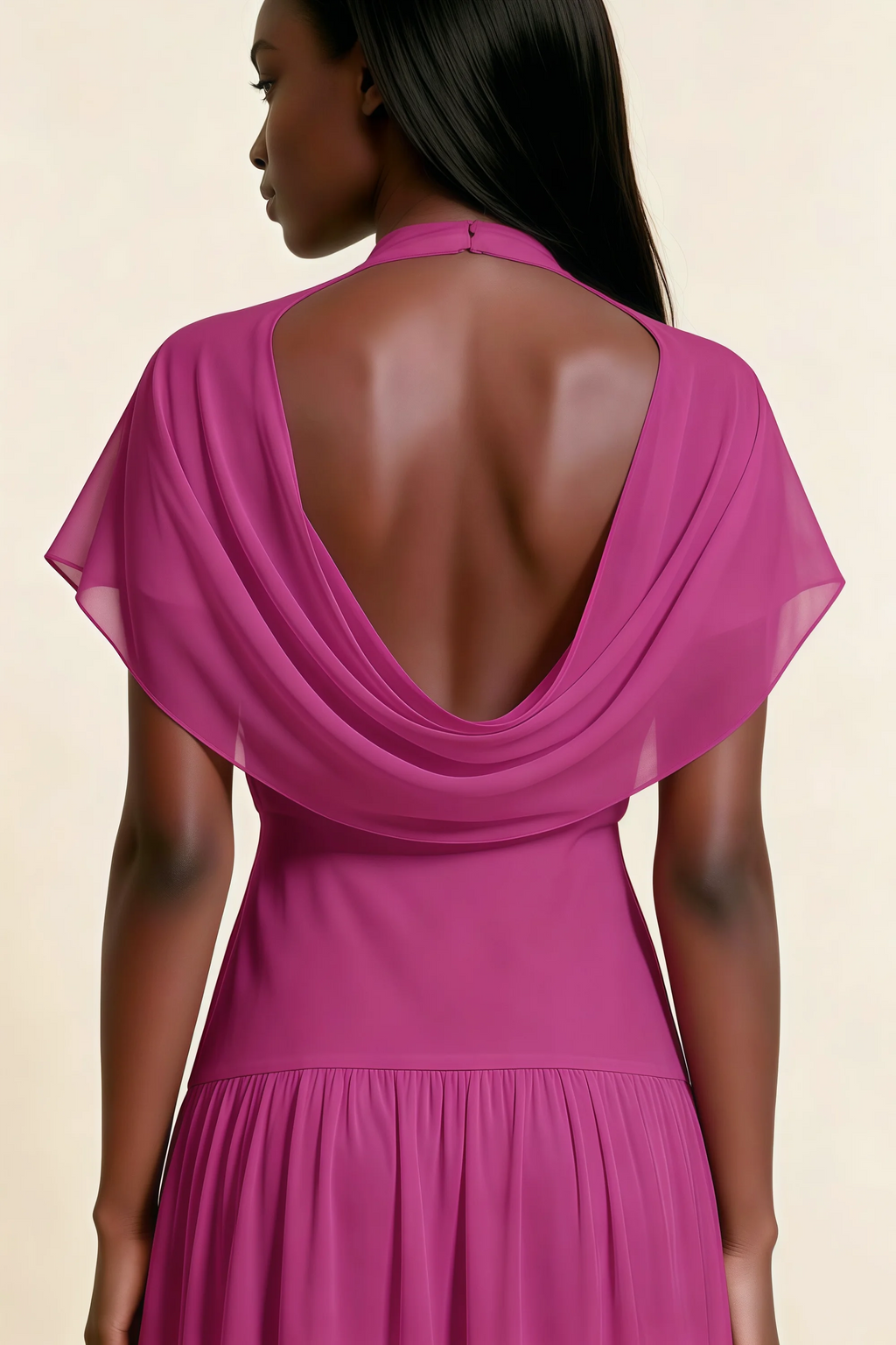 Alva Fuchsia High Neck Gathered Skirt Midi Dress
