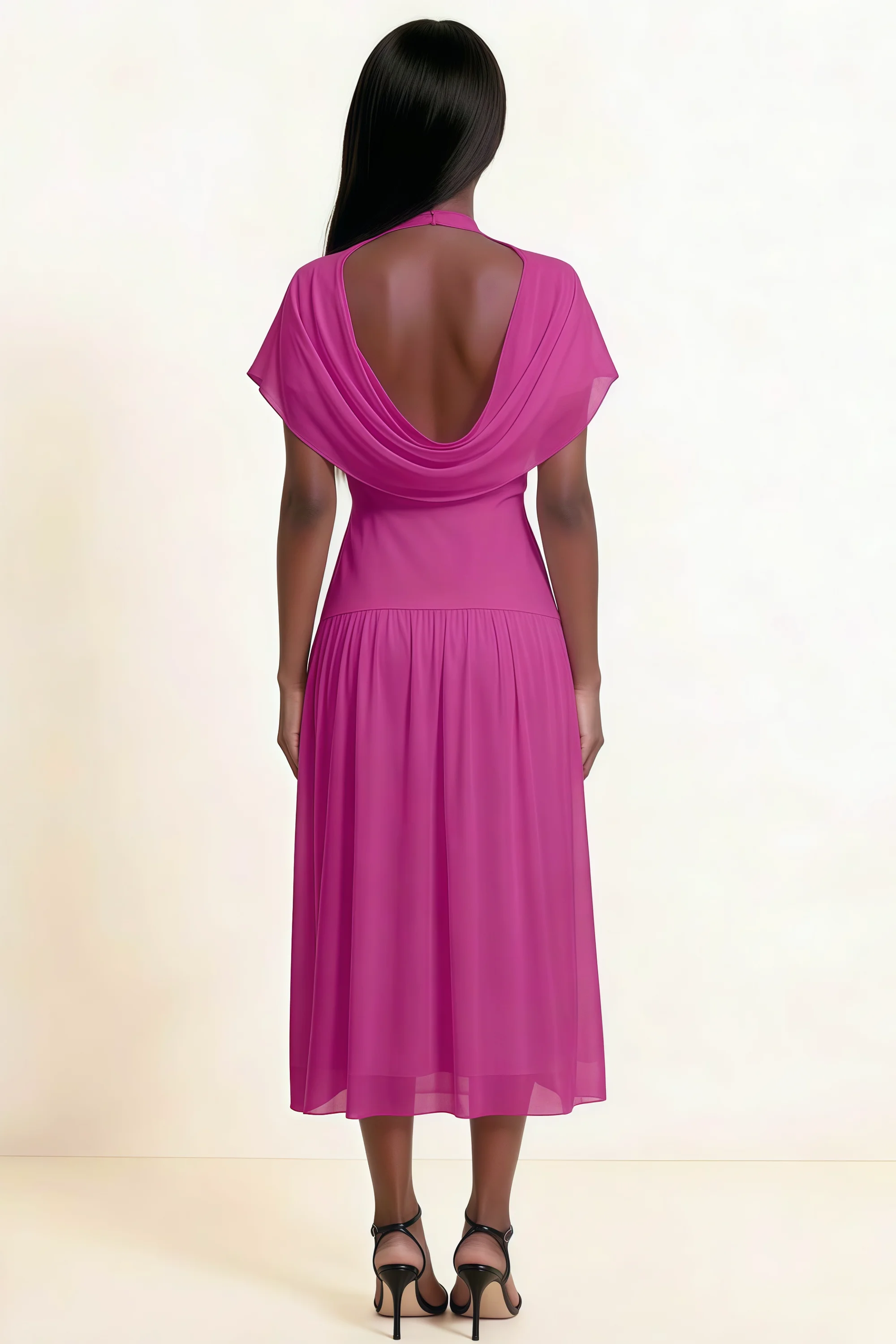 Alva Fuchsia High Neck Gathered Skirt Midi Dress Secondary image