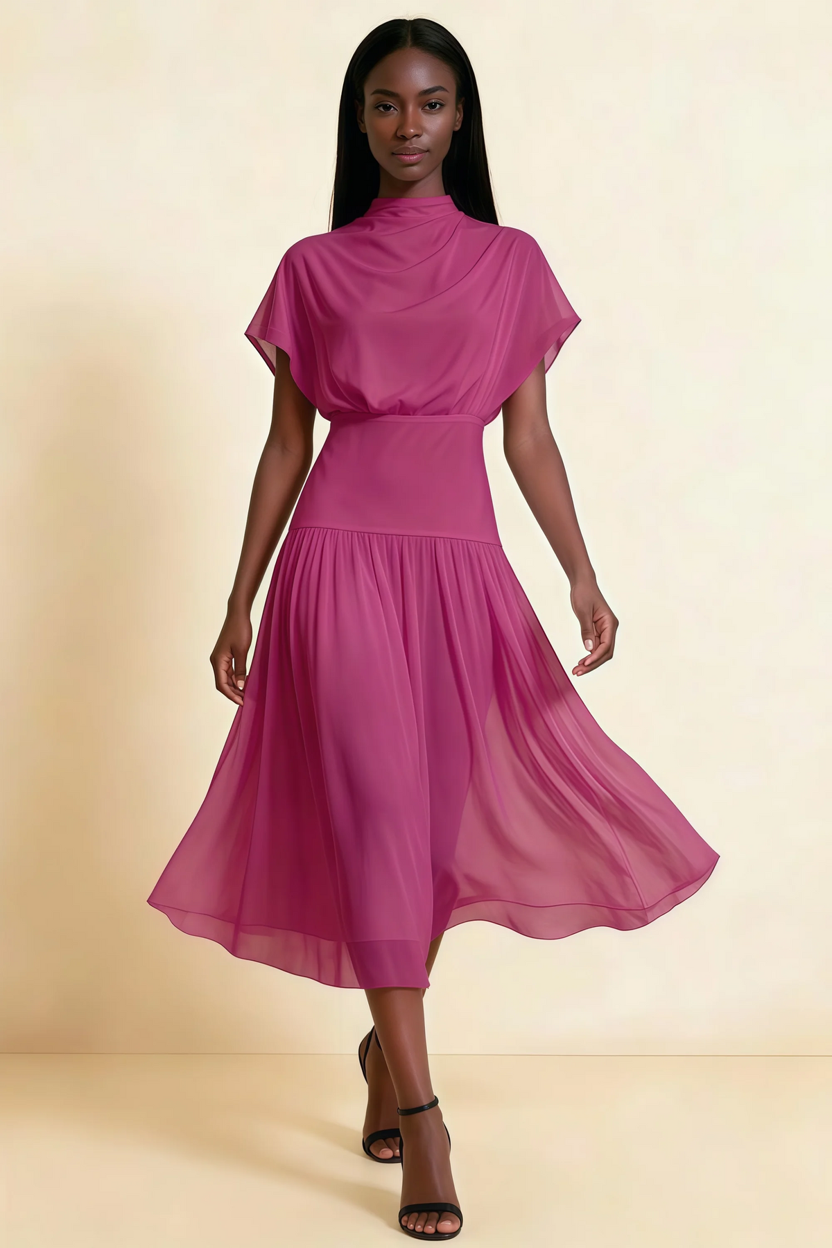 Alva Fuchsia High Neck Gathered Skirt Midi Dress