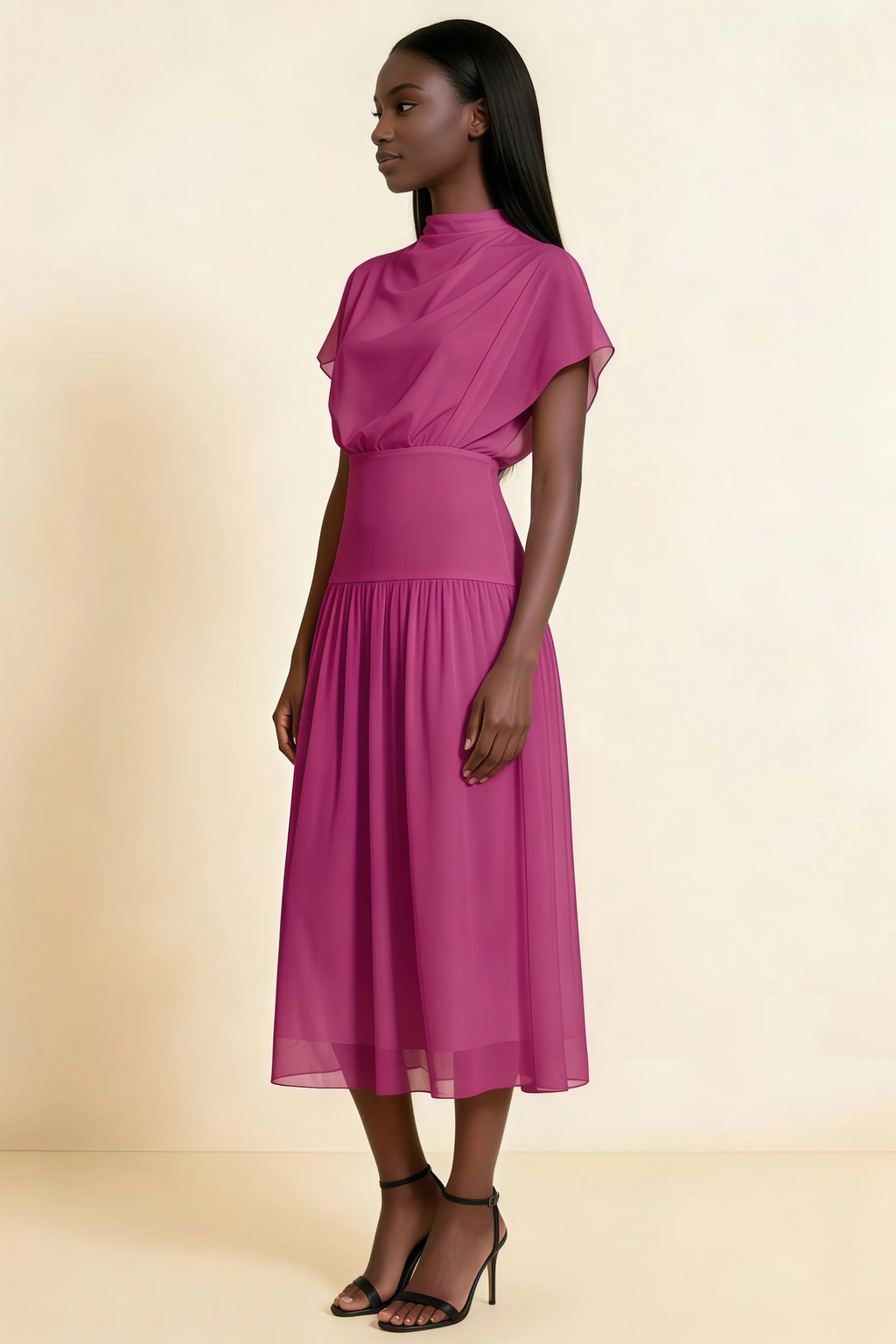 Alva Fuchsia High Neck Gathered Skirt Midi Dress