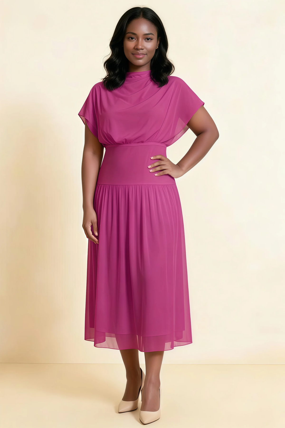 Alva Fuchsia High Neck Gathered Skirt Midi Dress