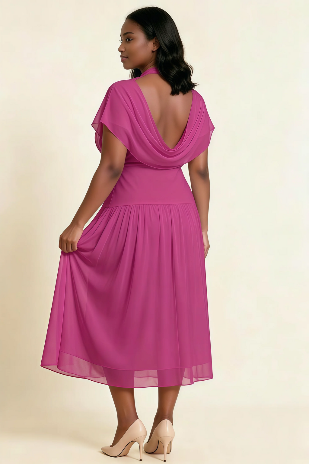 Alva Fuchsia High Neck Gathered Skirt Midi Dress