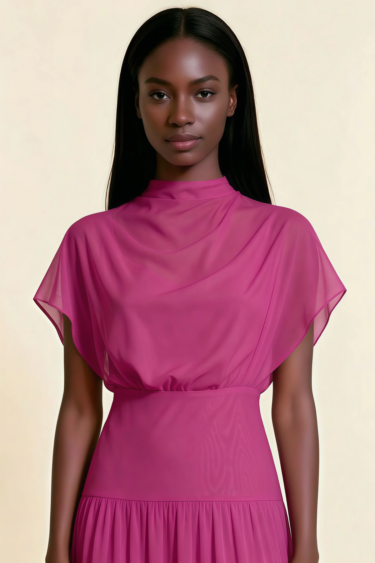 Alva Fuchsia High Neck Gathered Skirt Midi Dress