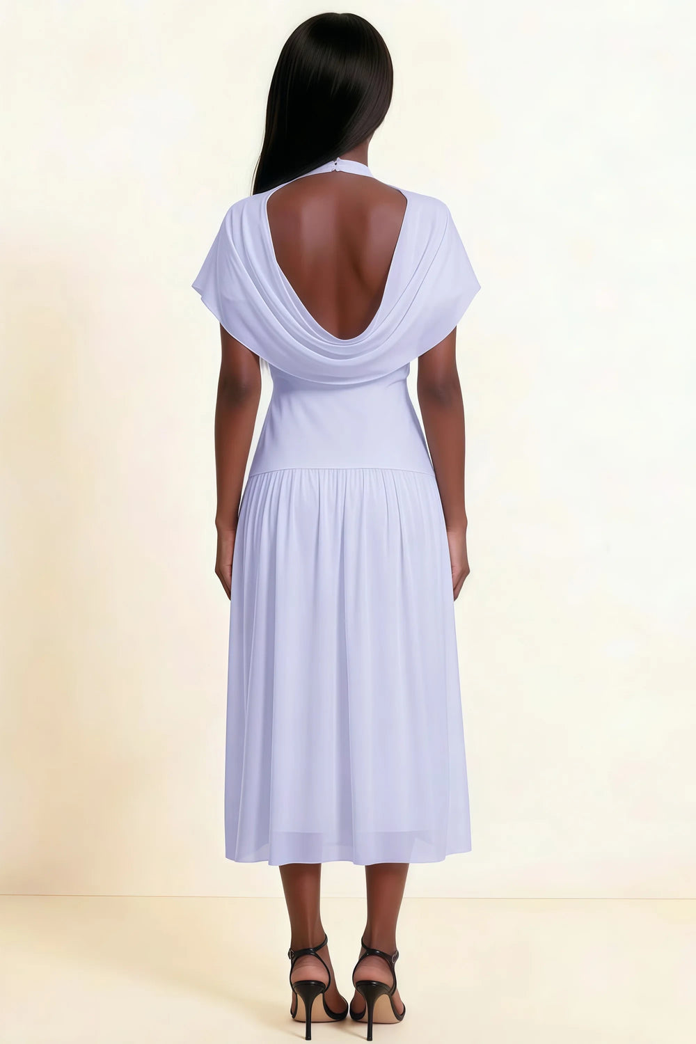 Translation missing: en.Back view of the LVLVS Alva lavender midi dress, showing the low draped cowl back, fitted waist and gathered midi skirt. content.product_image_secondary