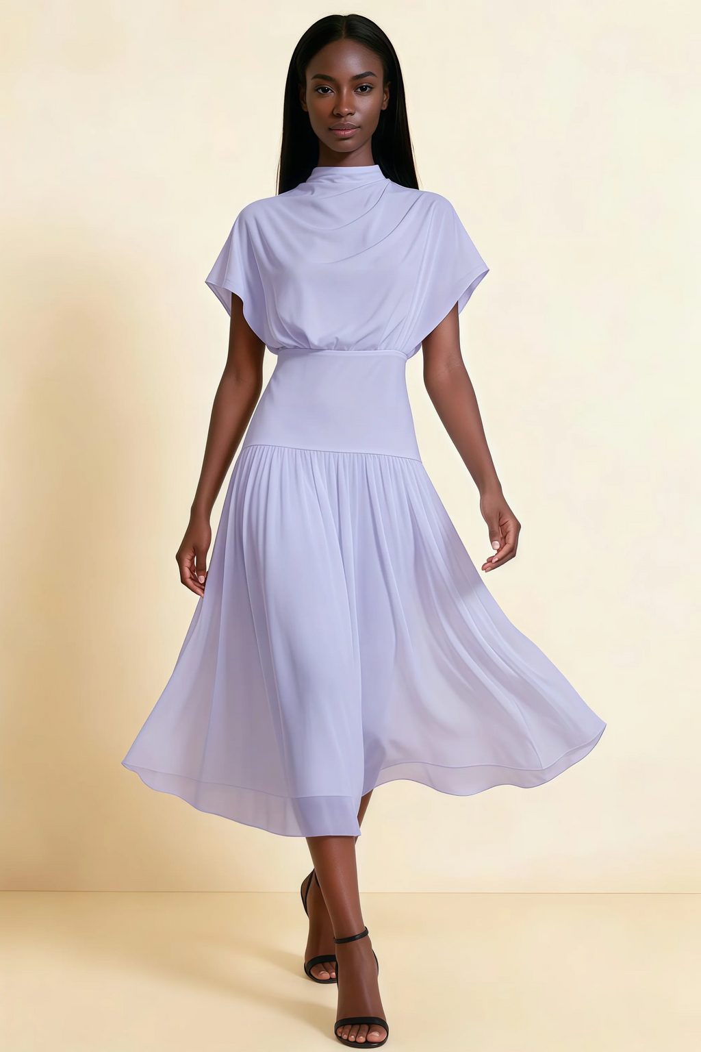 Alva Lavender High Neck Gathered Skirt Midi Dress