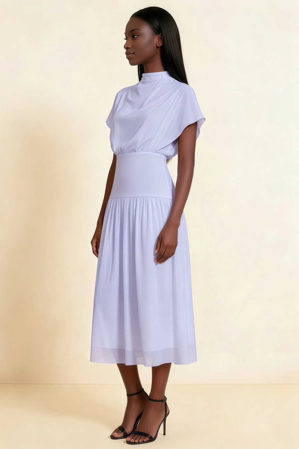 Alva Lavender High Neck Gathered Skirt Midi Dress