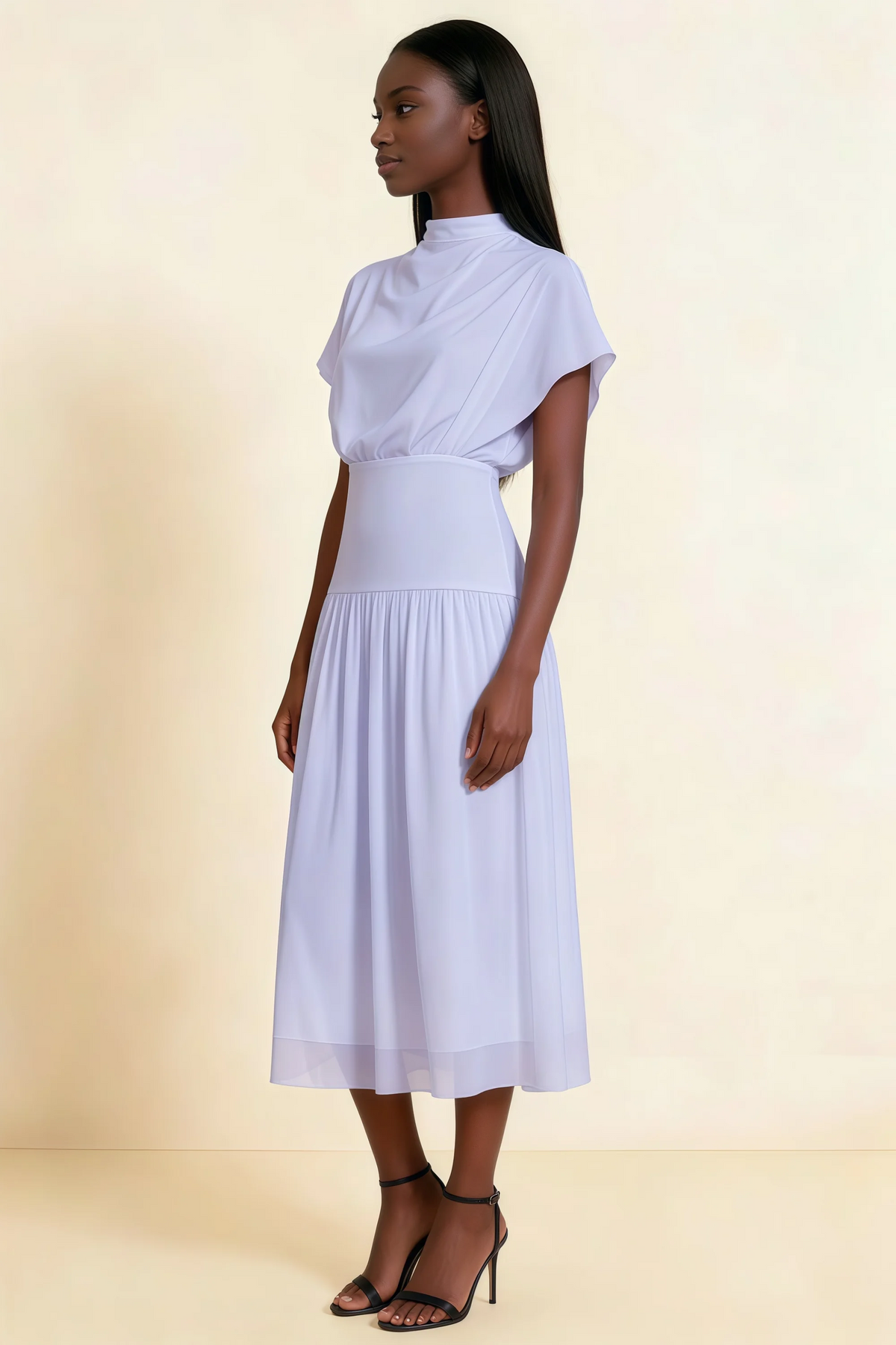 Alva Lavender High Neck Gathered Skirt Midi Dress