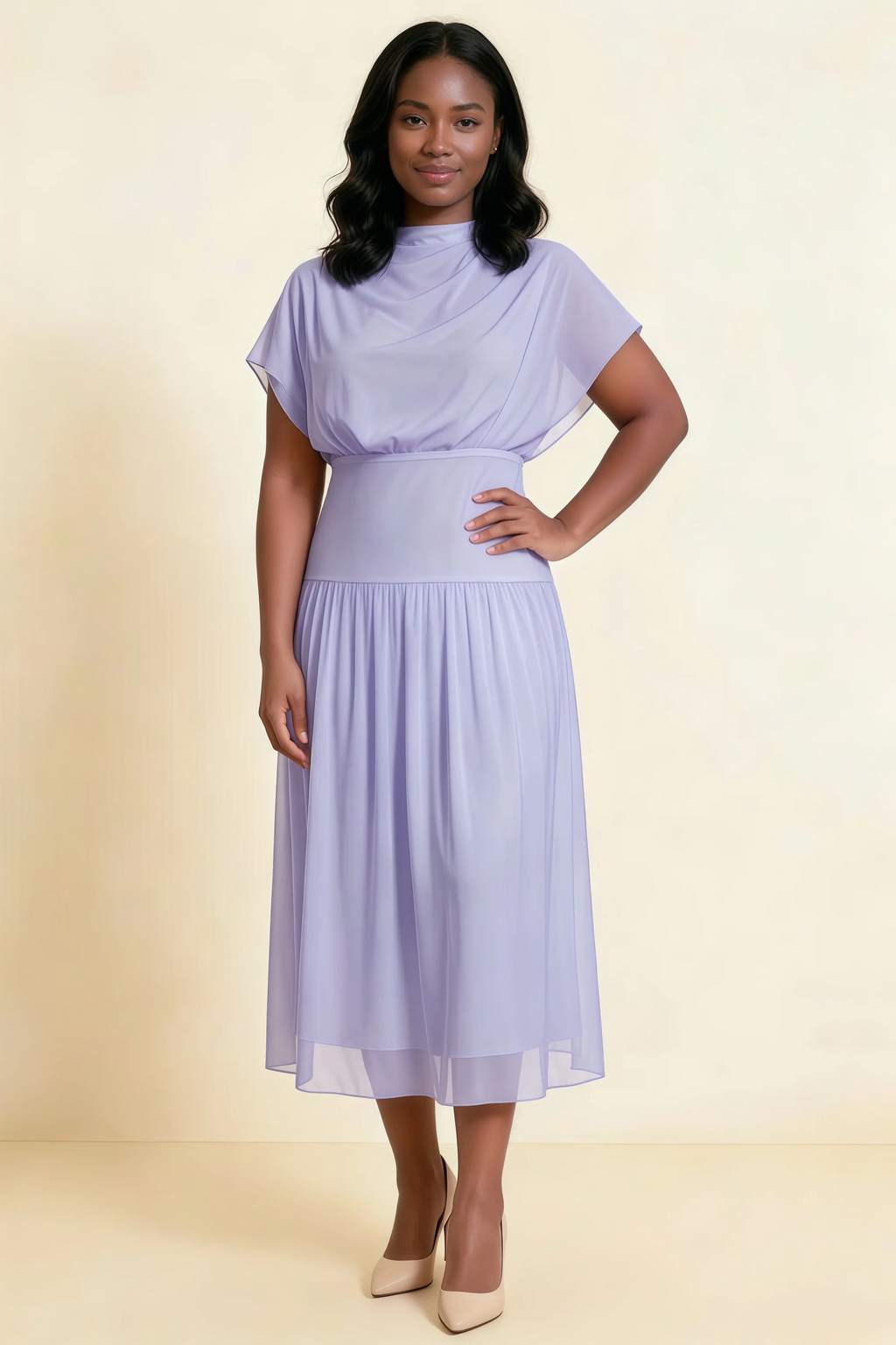 Alva Lavender High Neck Gathered Skirt Midi Dress