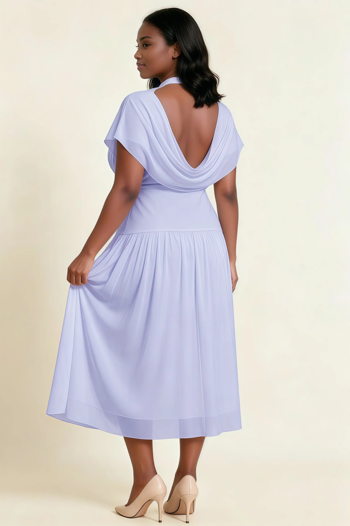 Alva Lavender High Neck Gathered Skirt Midi Dress