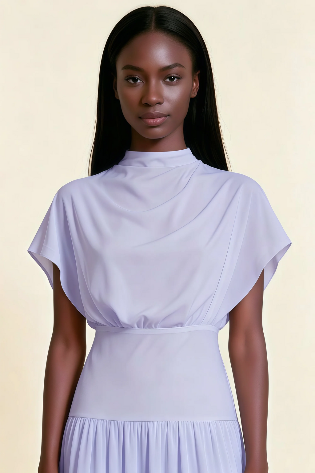 Alva Lavender High Neck Gathered Skirt Midi Dress