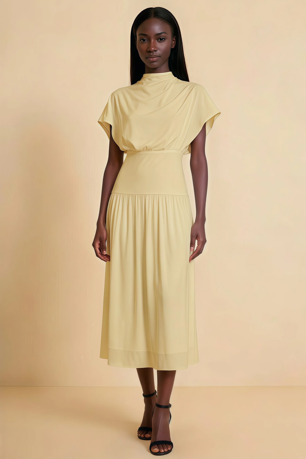 Alva Lemon High Neck Gathered Skirt Midi Dress