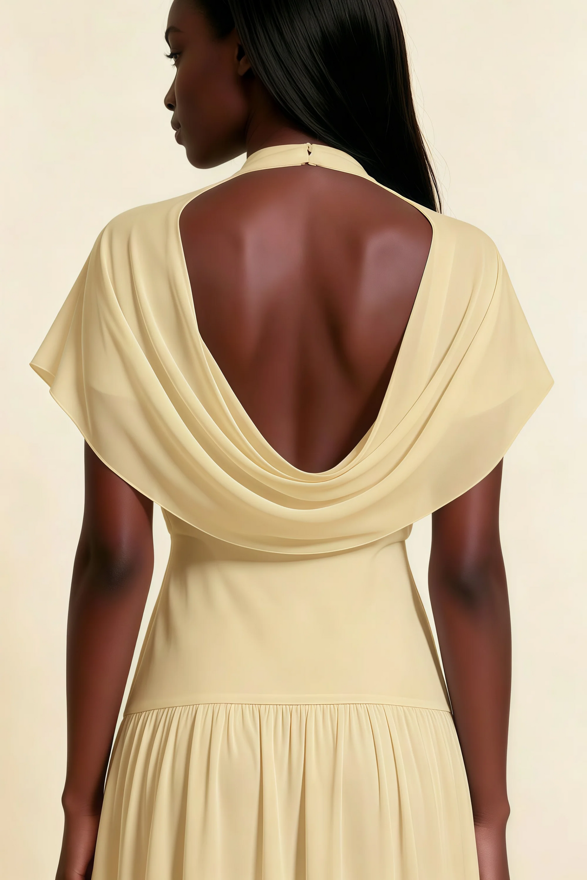 Alva Lemon High Neck Gathered Skirt Midi Dress