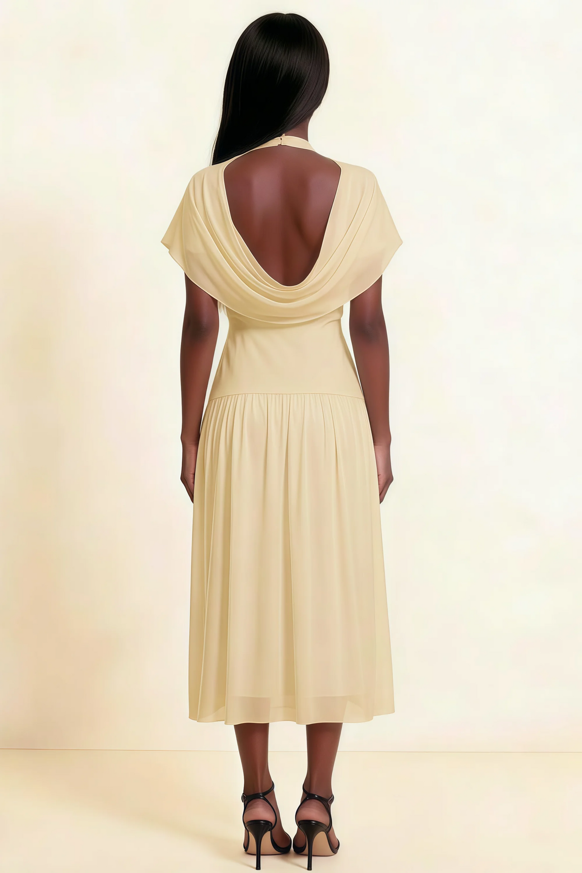 Alva Lemon High Neck Gathered Skirt Midi Dress