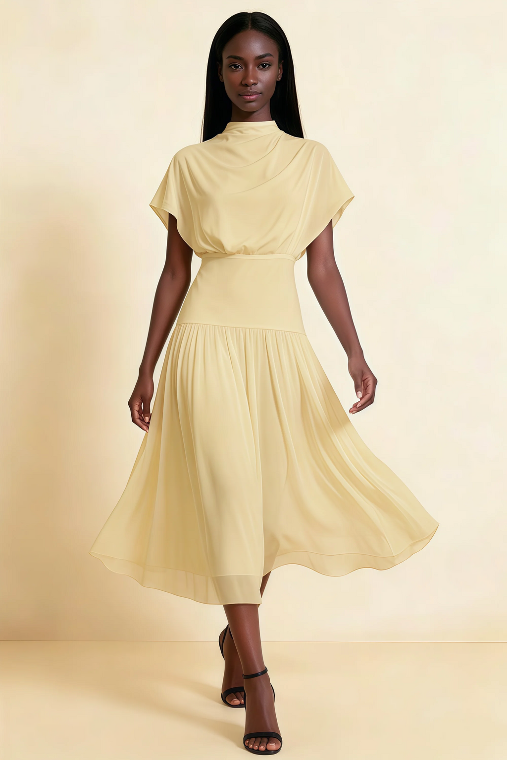 Alva Lemon High Neck Gathered Skirt Midi Dress