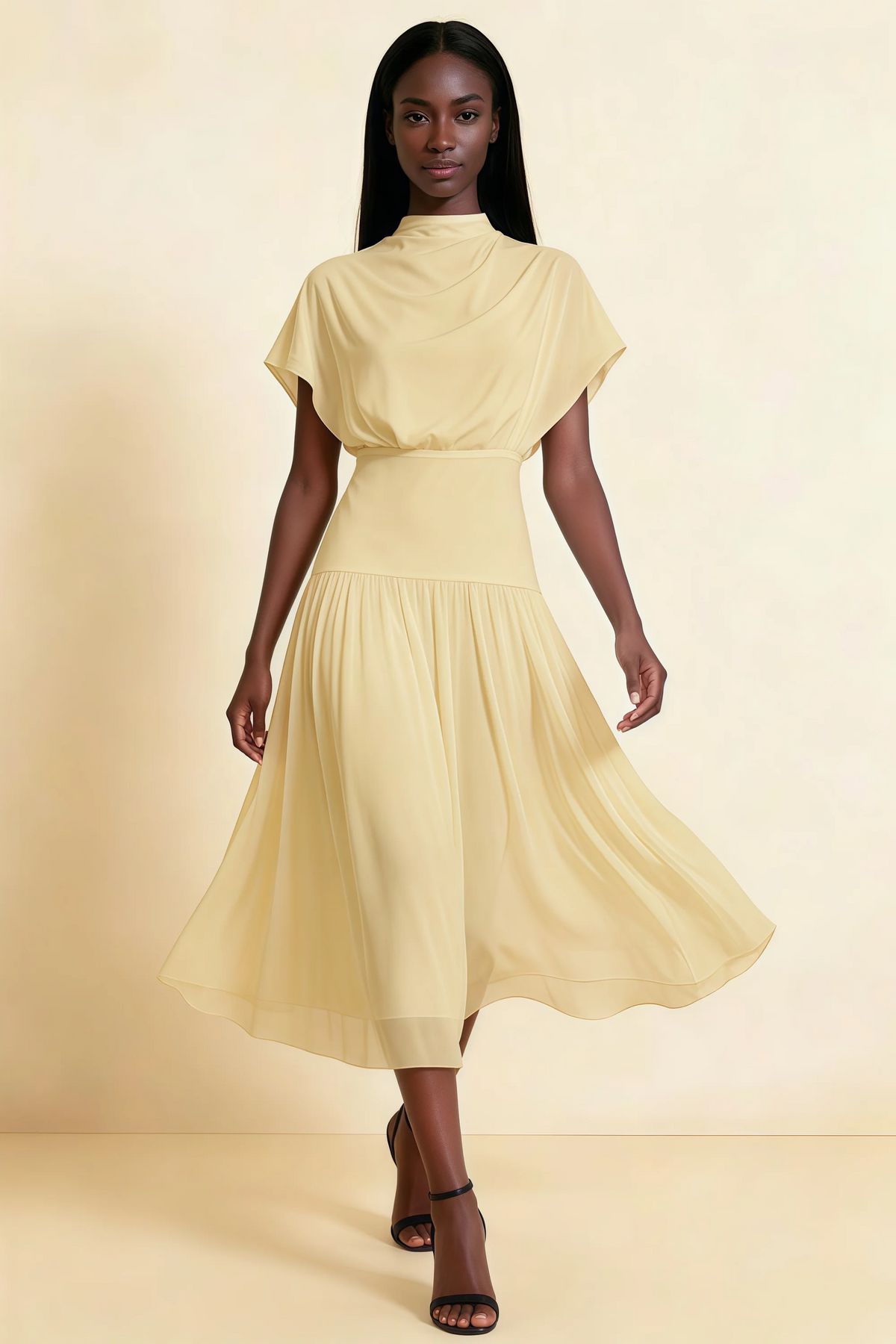 Alva Lemon High Neck Gathered Skirt Midi Dress