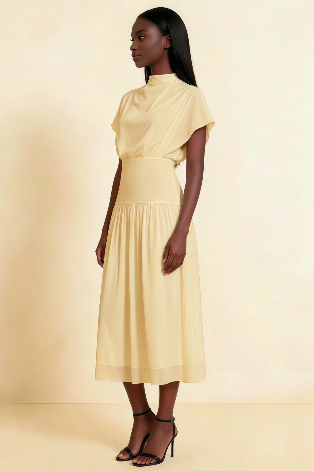 Alva Lemon High Neck Gathered Skirt Midi Dress