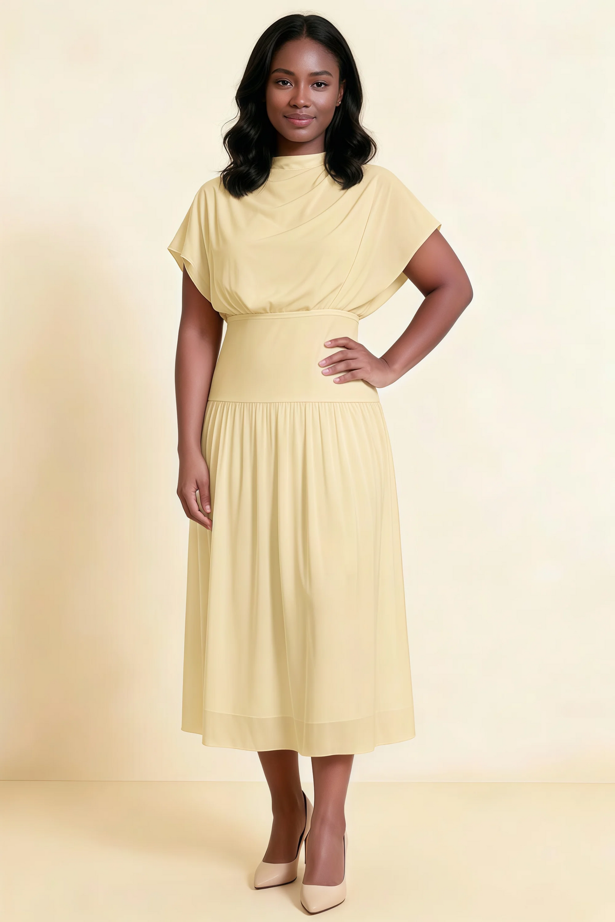 Alva Lemon High Neck Gathered Skirt Midi Dress