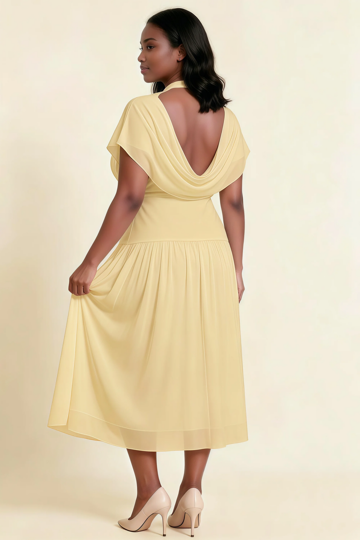 Alva Lemon High Neck Gathered Skirt Midi Dress