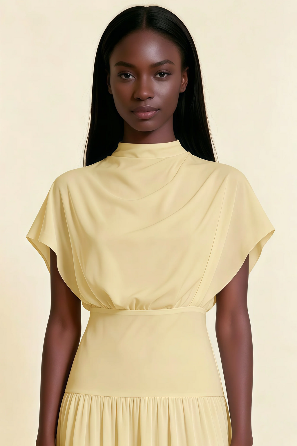 Alva Lemon High Neck Gathered Skirt Midi Dress