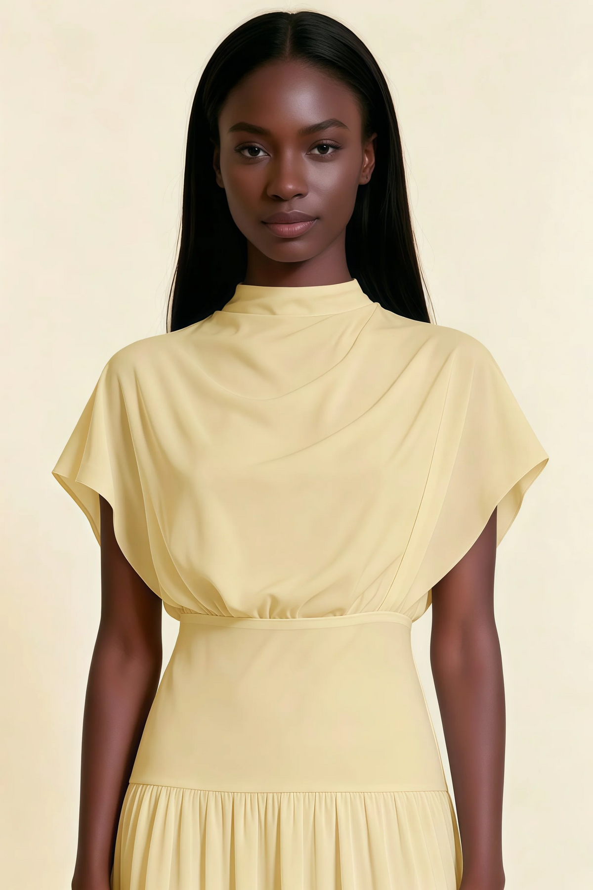 Alva Lemon High Neck Gathered Skirt Midi Dress