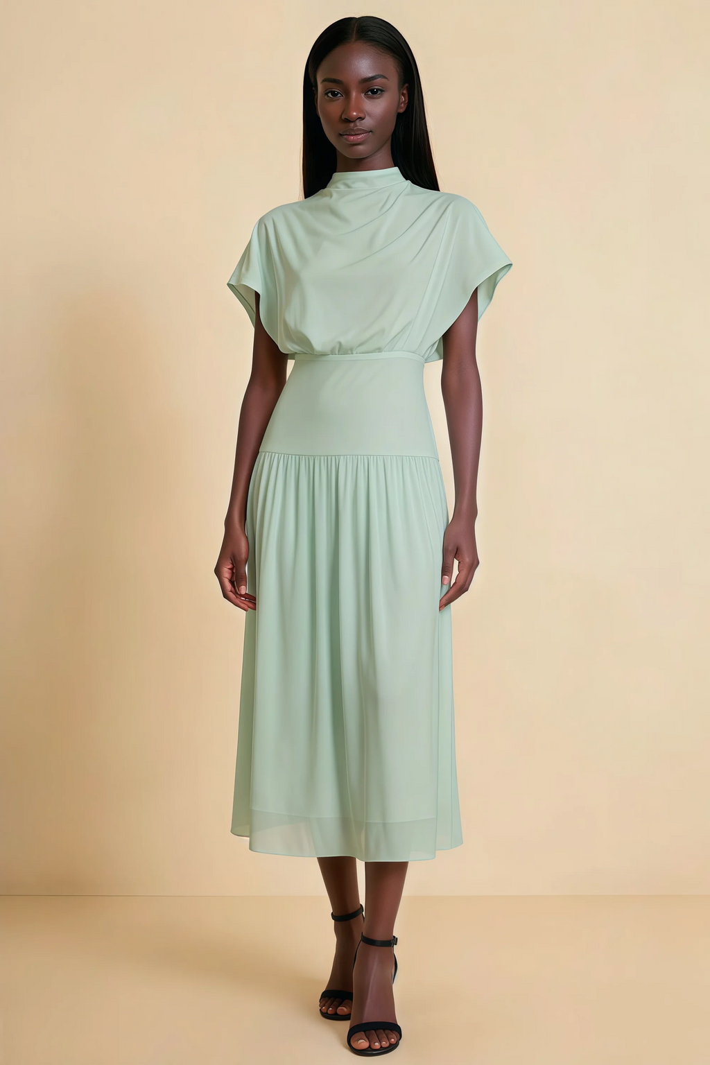 Alva Light Green High Neck Gathered Skirt Midi Dress