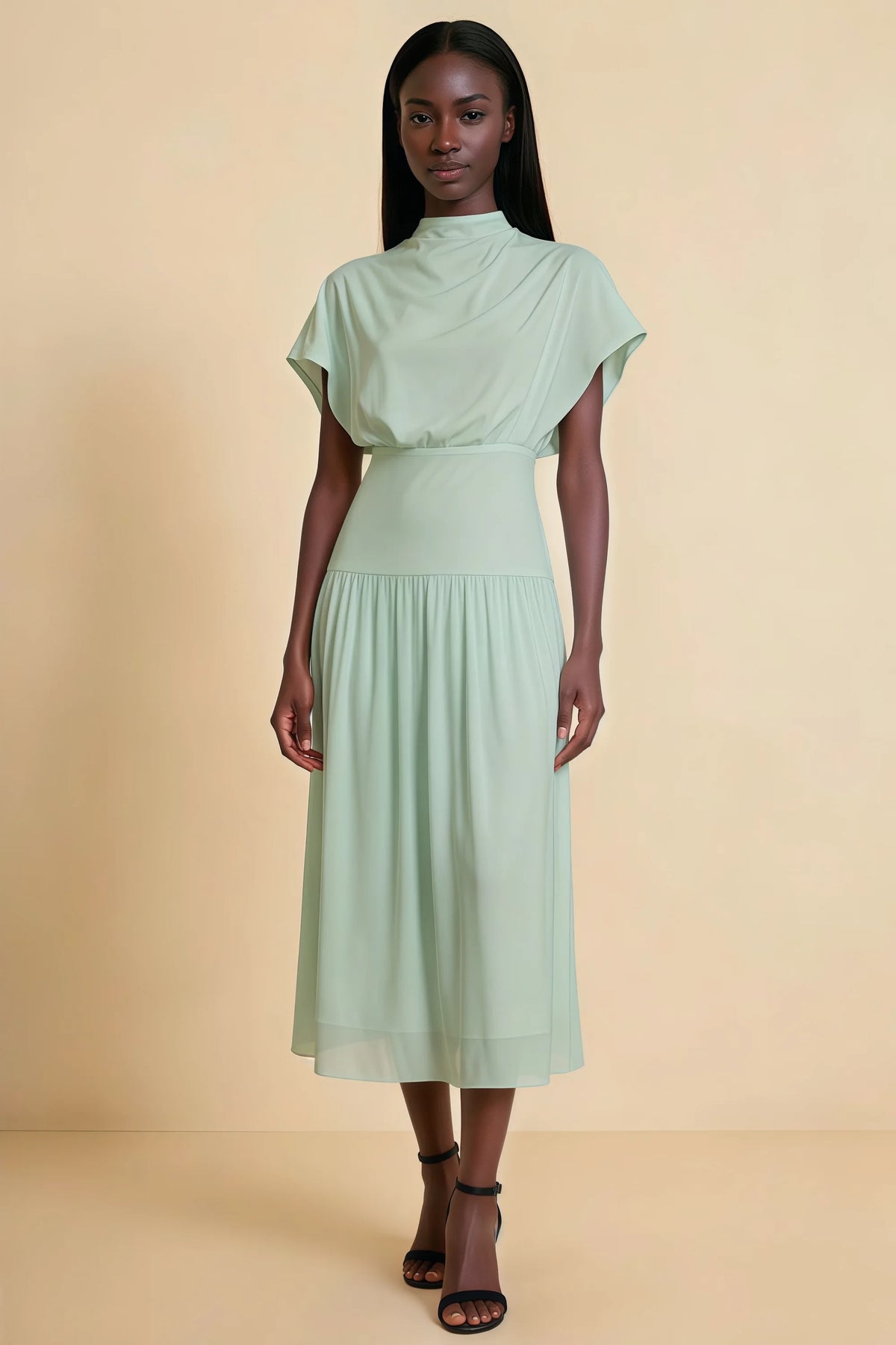 Alva Light Green High Neck Gathered Skirt Midi Dress Imagen principal del producto