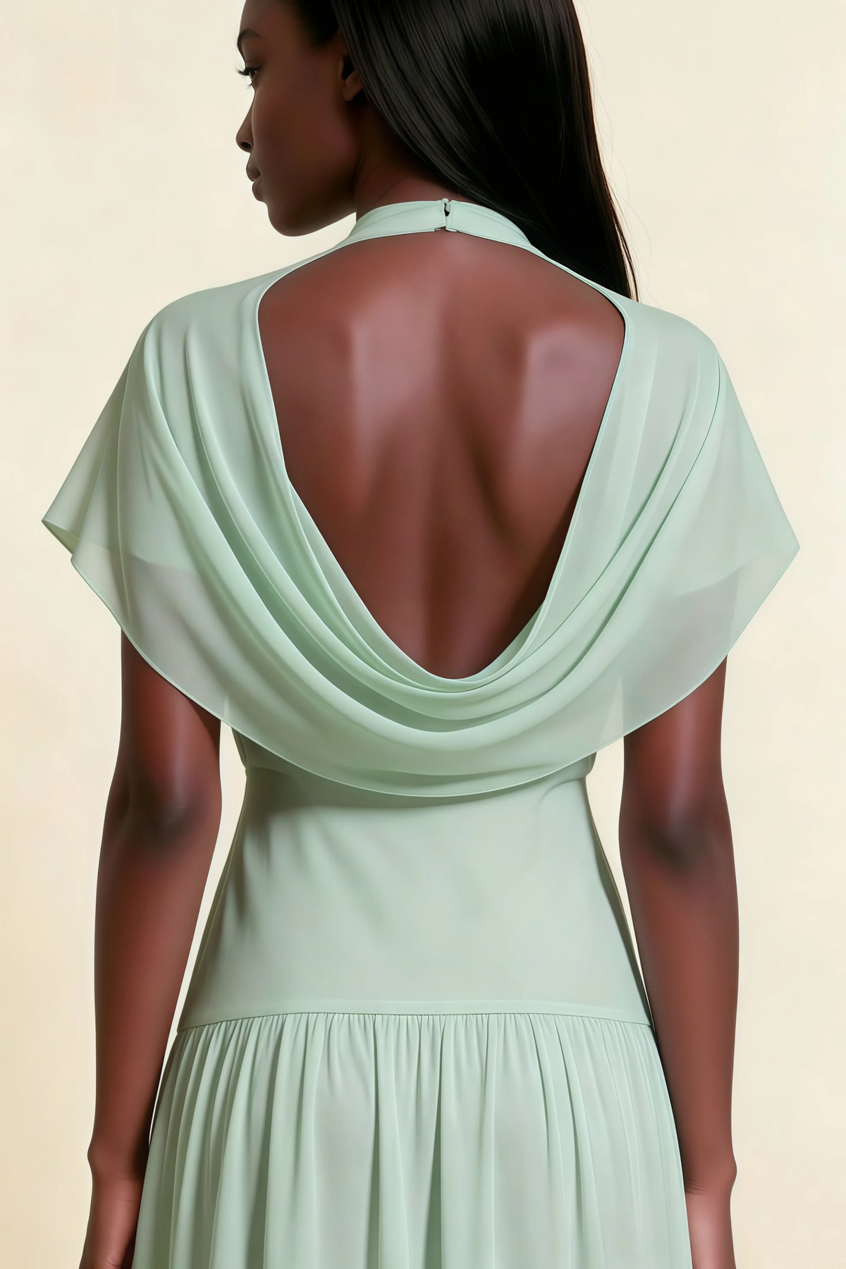 Alva Light Green High Neck Gathered Skirt Midi Dress