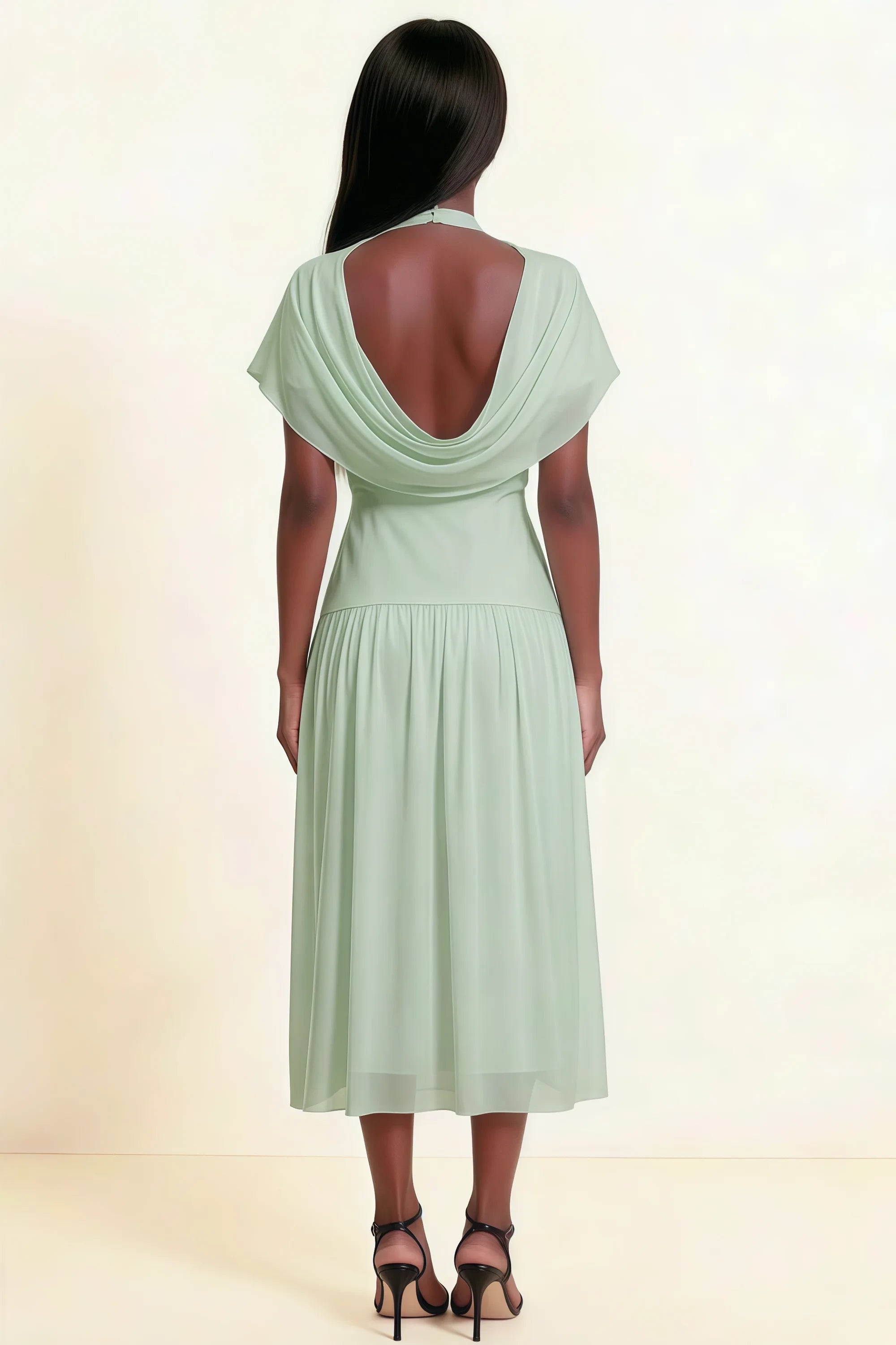 Alva Light Green High Neck Gathered Skirt Midi Dress Imagen secundaria del producto