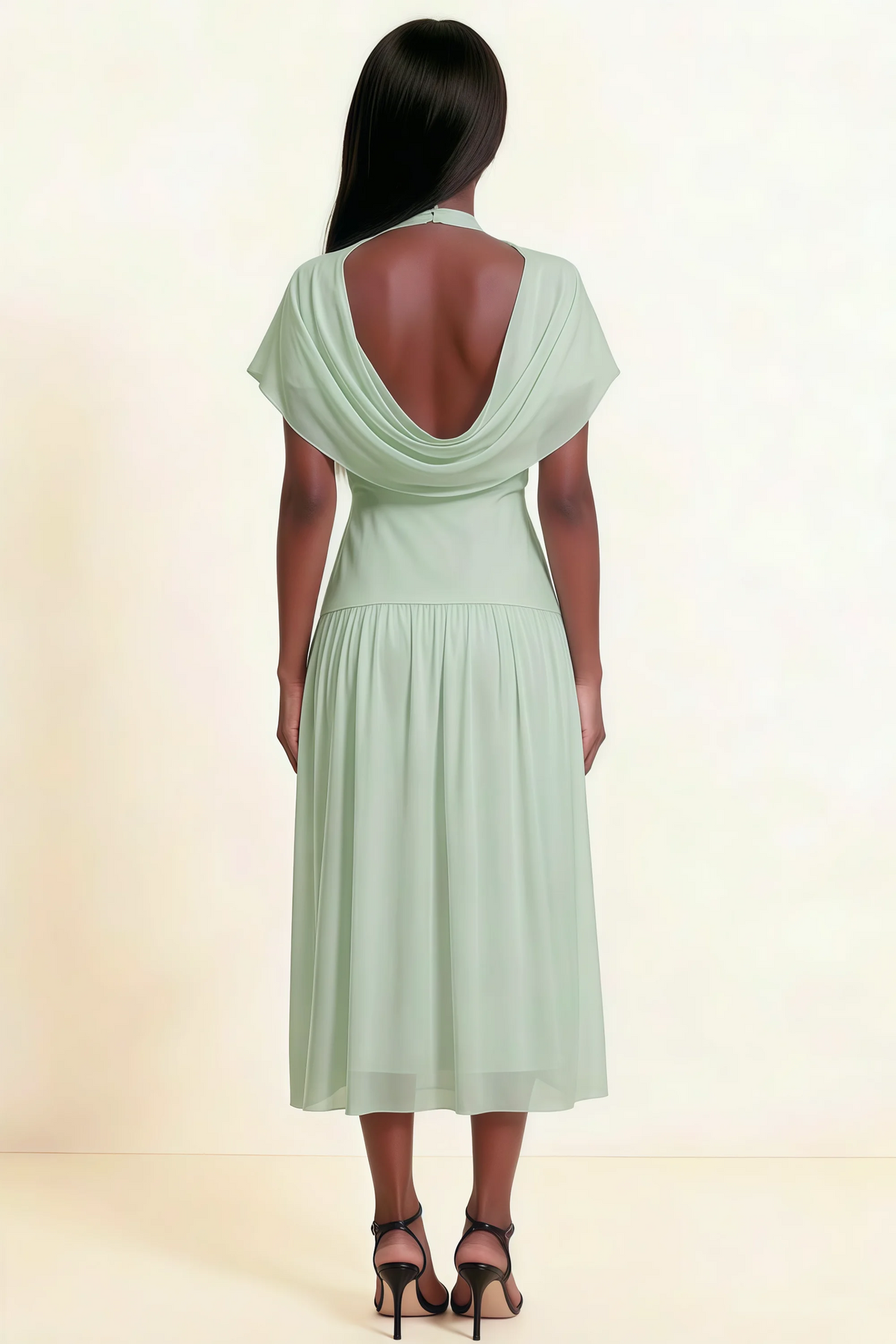 Alva Light Green High Neck Gathered Skirt Midi Dress