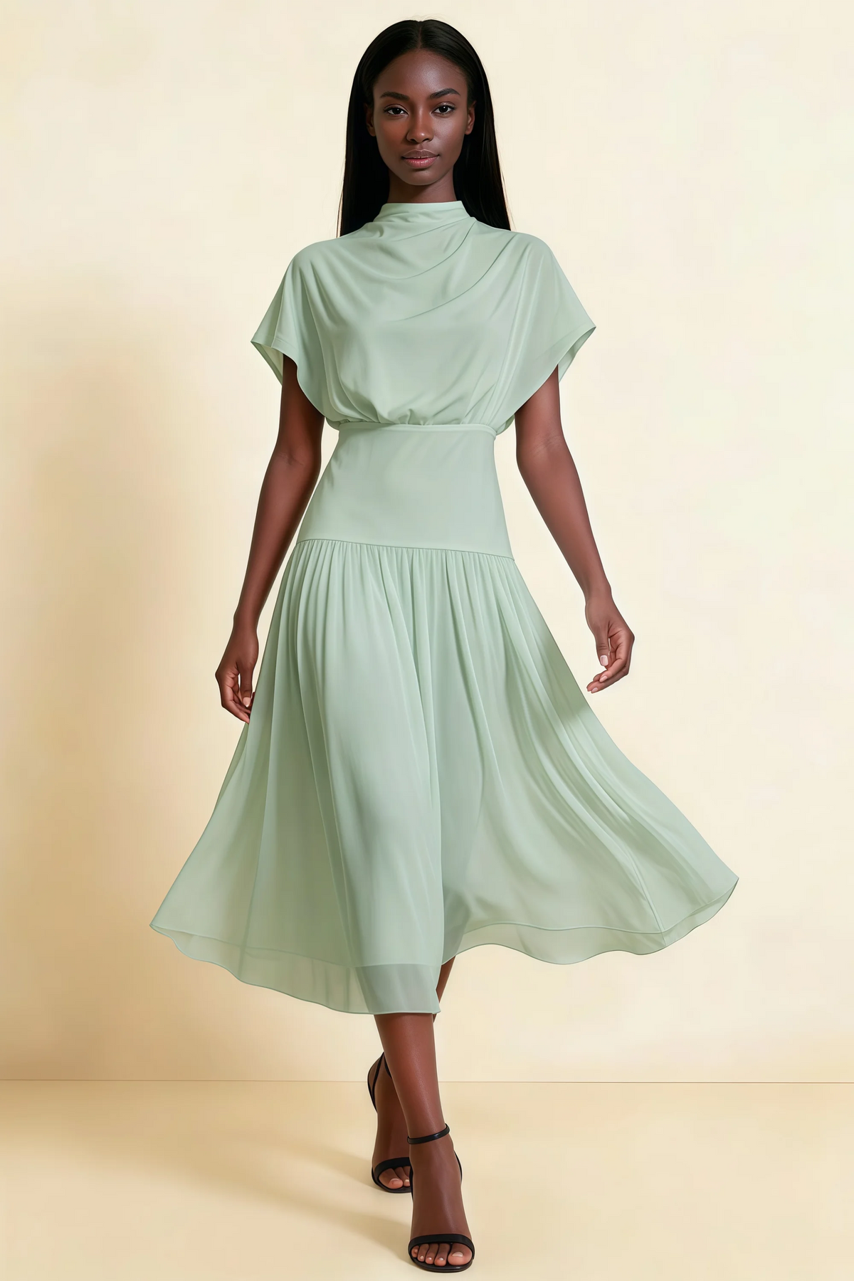 Alva Light Green High Neck Gathered Skirt Midi Dress