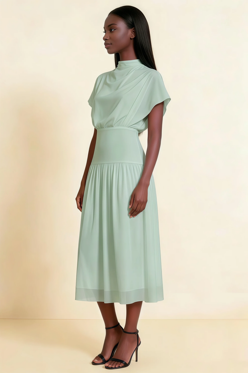 Alva Light Green High Neck Gathered Skirt Midi Dress