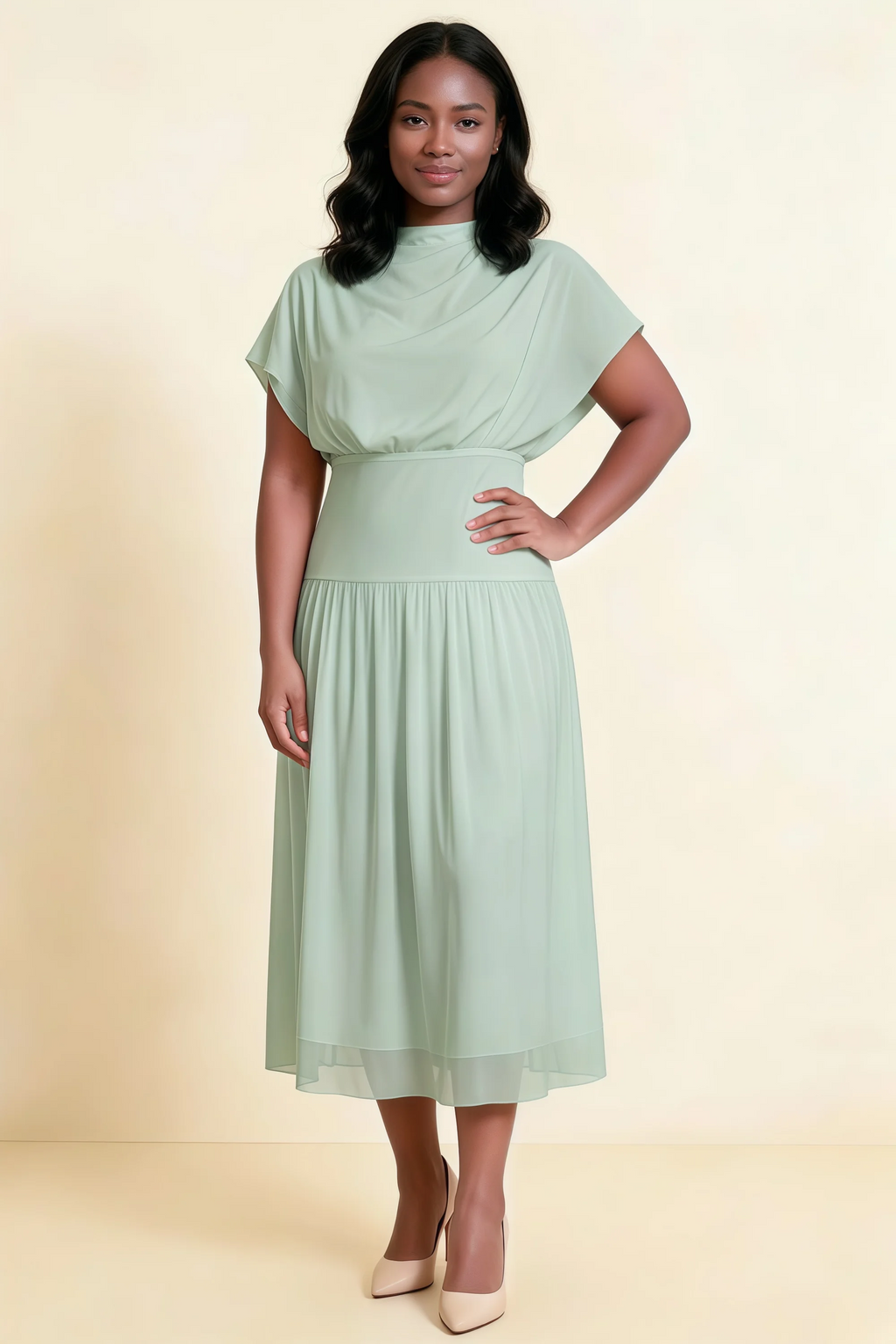 Alva Light Green High Neck Gathered Skirt Midi Dress