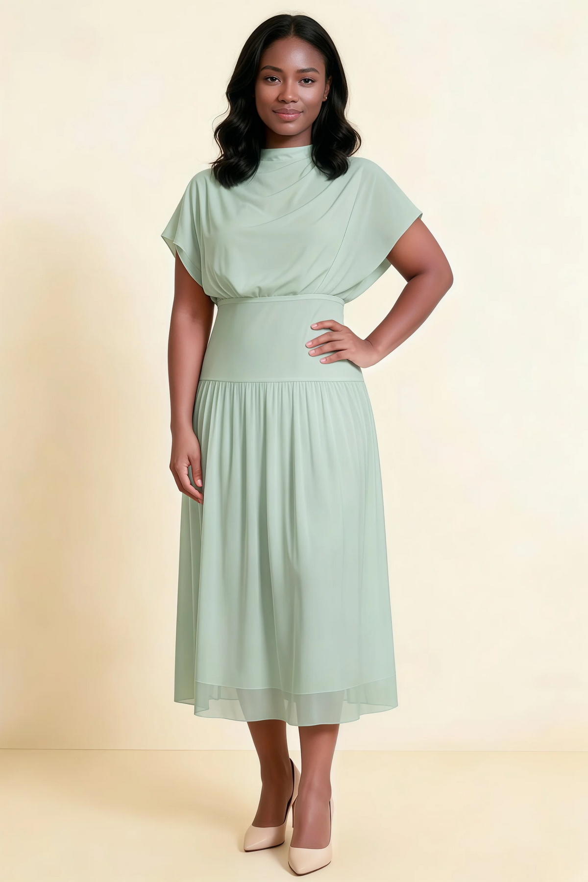 Alva Light Green High Neck Gathered Skirt Midi Dress