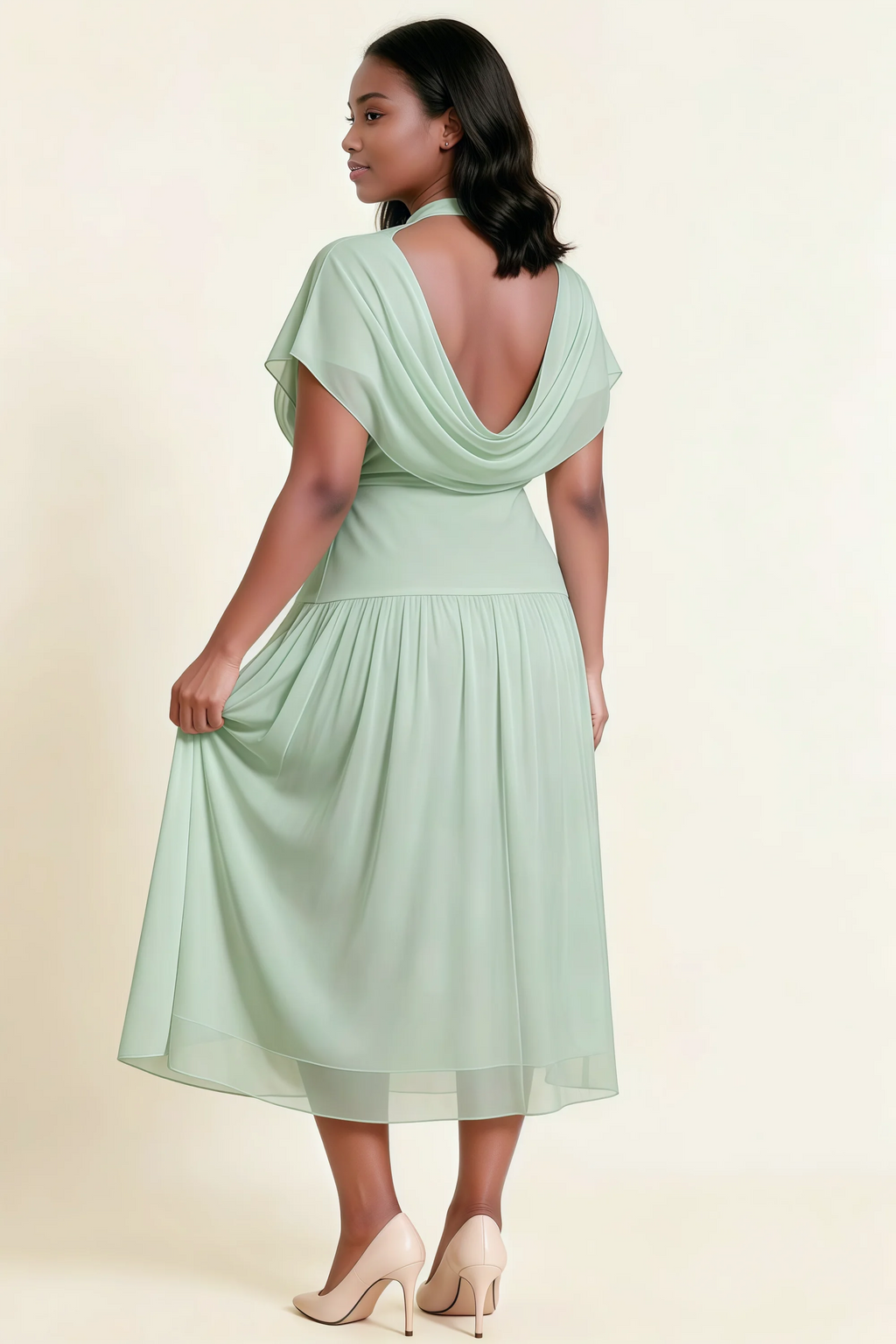 Alva Light Green High Neck Gathered Skirt Midi Dress