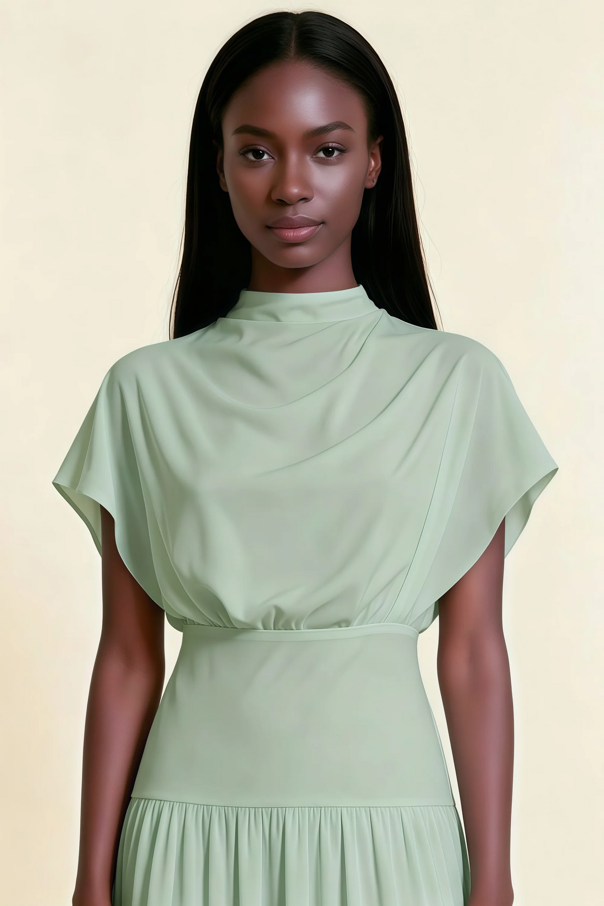 Alva Light Green High Neck Gathered Skirt Midi Dress