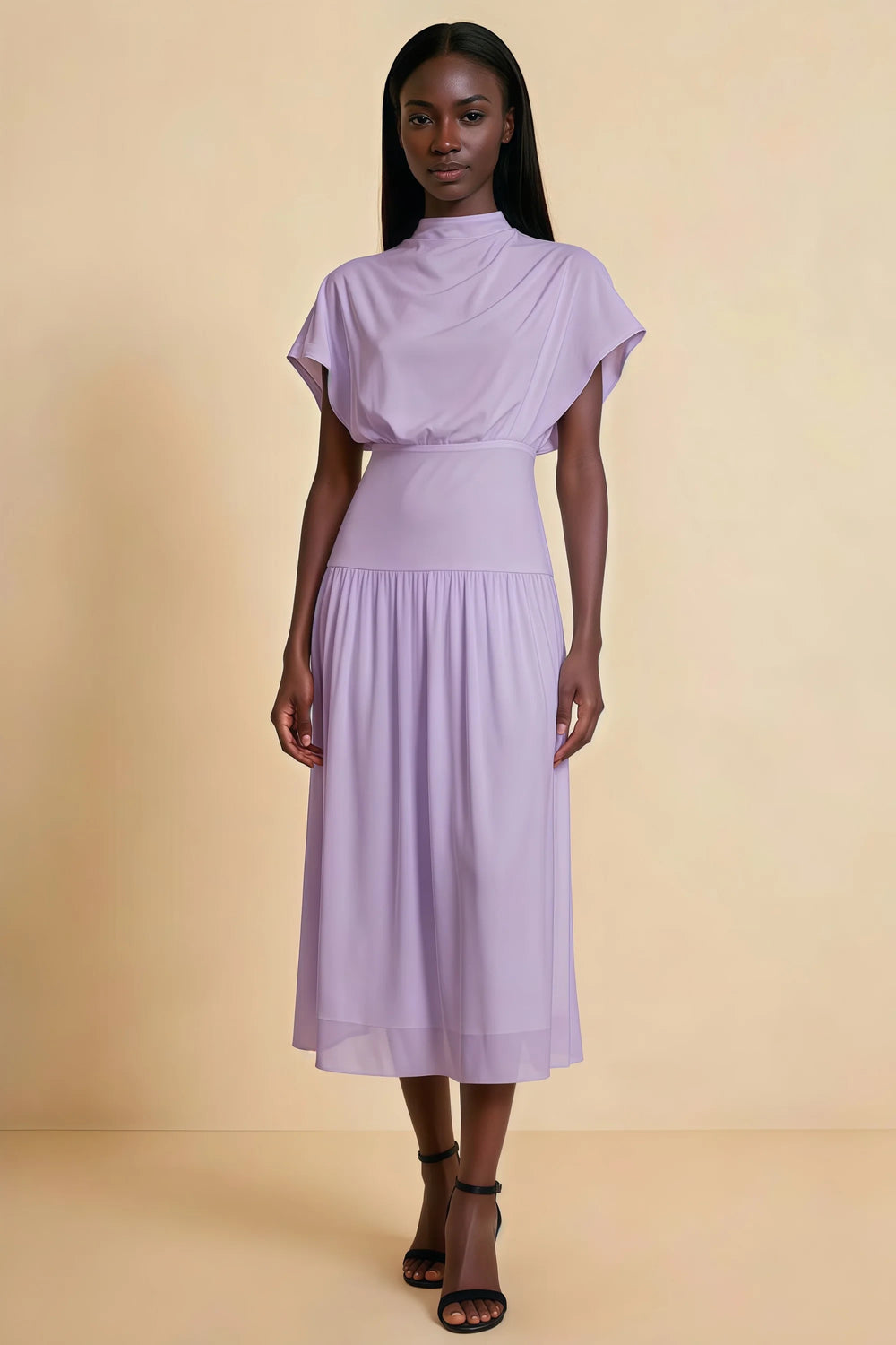 Translation missing: en.Front view of the LVLVS Alva lilac midi dress, showing the high draped neckline, short sleeves and wide fitted waist panel. content.product_image_main