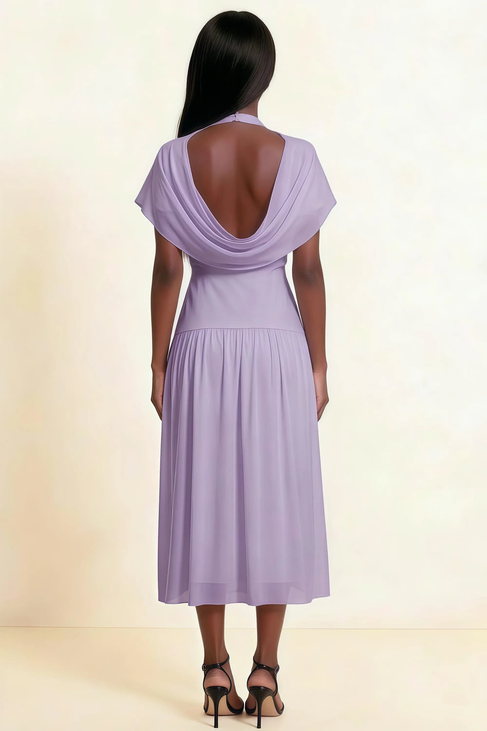 Translation missing: en.Back view of the LVLVS Alva lilac midi dress, showing the low draped cowl back, fitted waist and gathered midi skirt. content.product_image_secondary