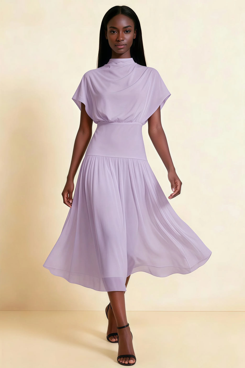 Alva Lilac High Neck Gathered Skirt Midi Dress