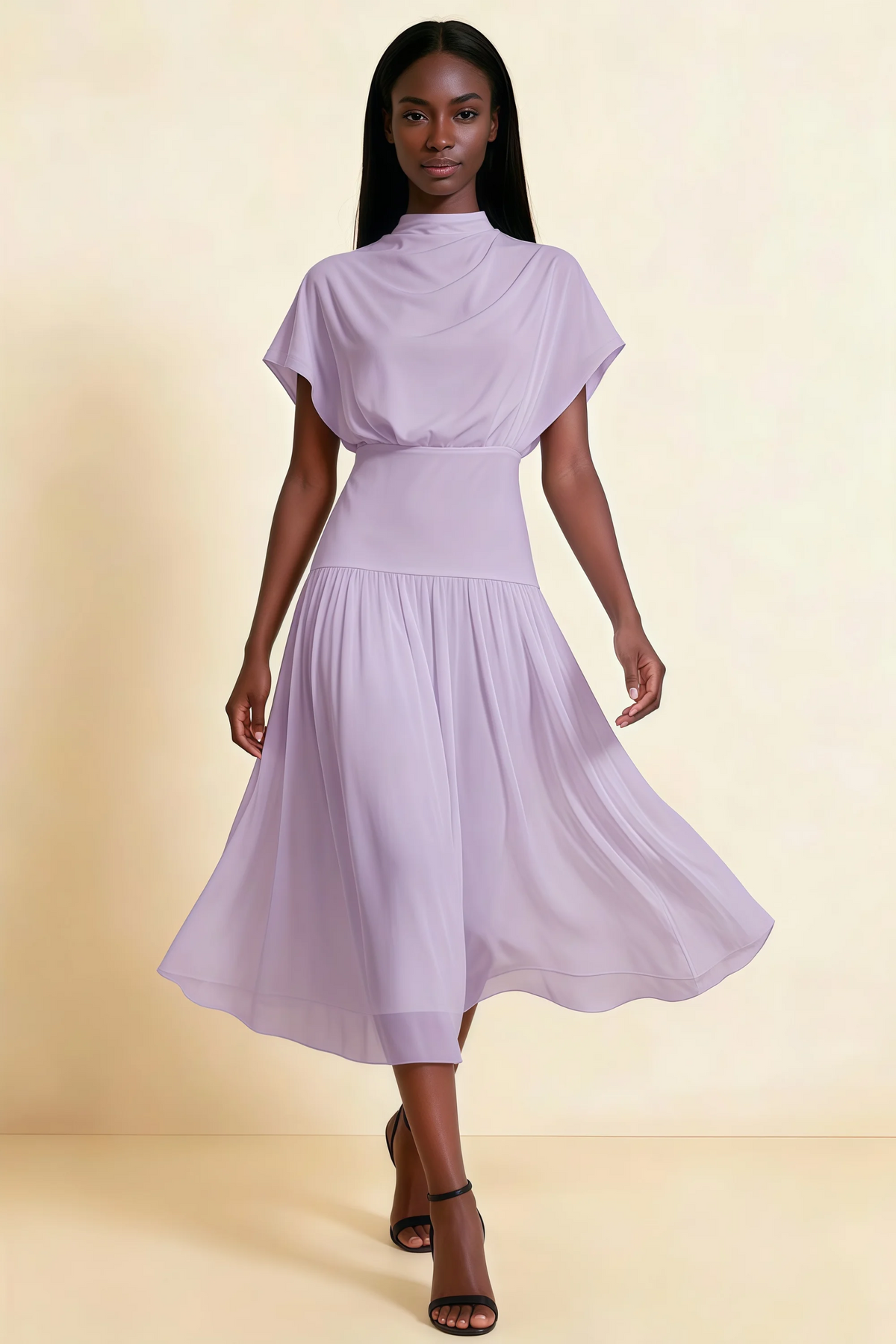 Alva Lilac High Neck Gathered Skirt Midi Dress