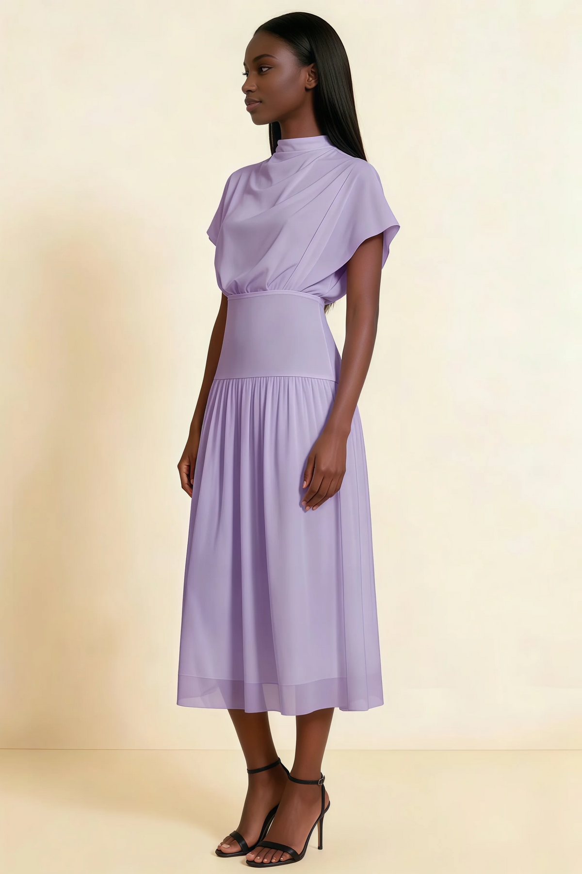 Alva Lilac High Neck Gathered Skirt Midi Dress