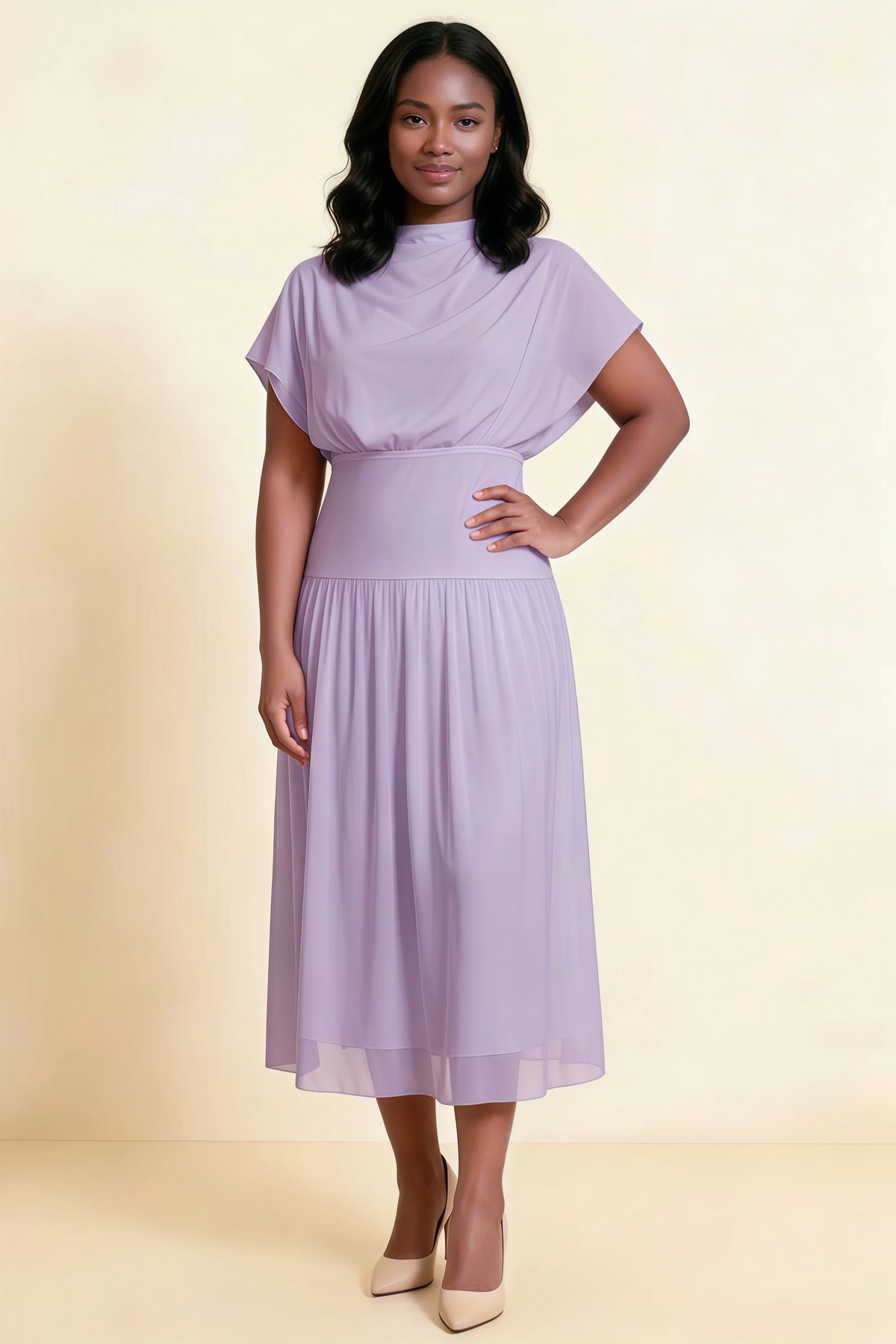 Alva Lilac High Neck Gathered Skirt Midi Dress