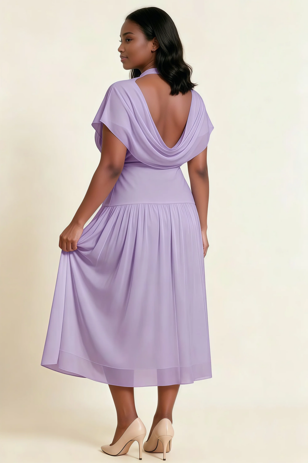 Alva Lilac High Neck Gathered Skirt Midi Dress