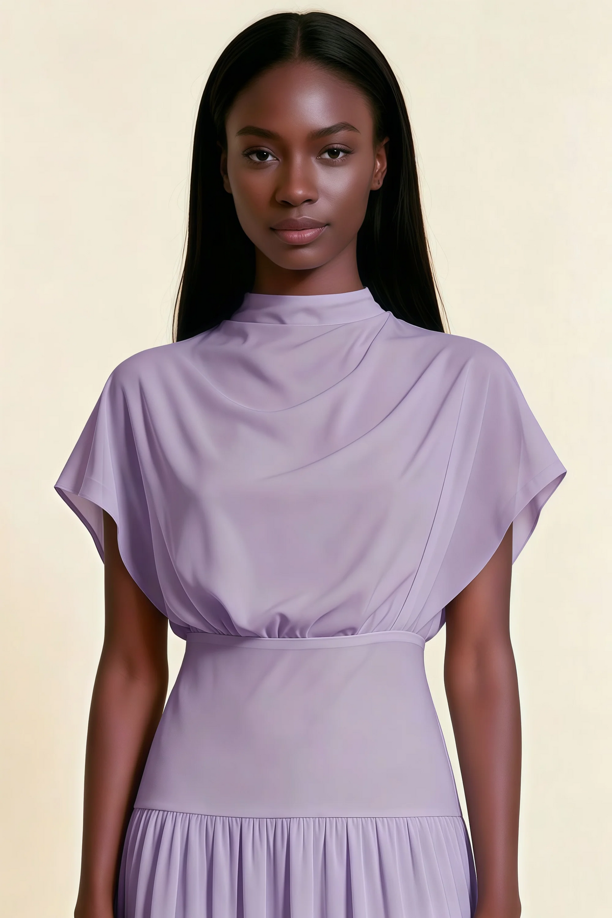 Alva Lilac High Neck Gathered Skirt Midi Dress