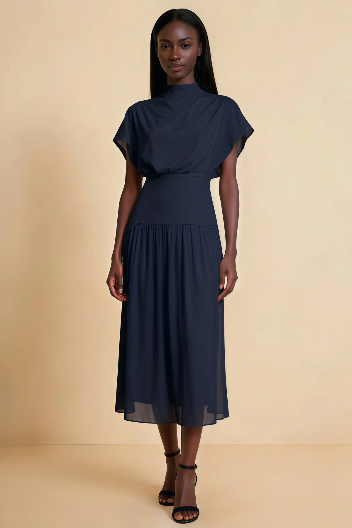 Alva Navy High Neck Gathered Skirt Midi Dress