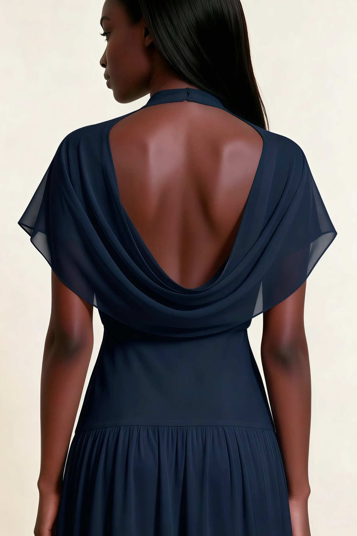 Alva Navy High Neck Gathered Skirt Midi Dress